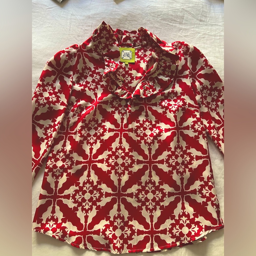 Silk Elizabeth McKay red/white elephant blouse - Size 8